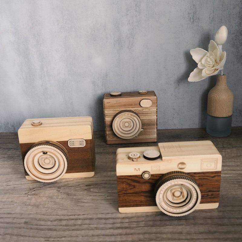 Collectible Vintage Cameras - Vintage Wooden Camera Music Box Handcrafted
