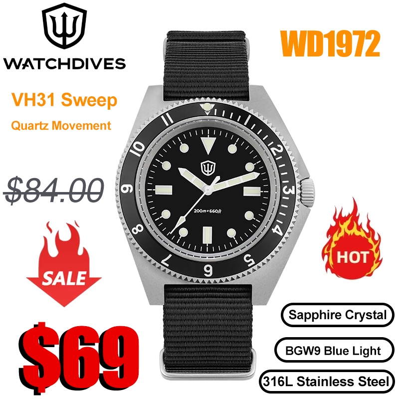 Vintage Collectible Watches - Watchdives WD1972 Quartz Watch VH31 Sweep